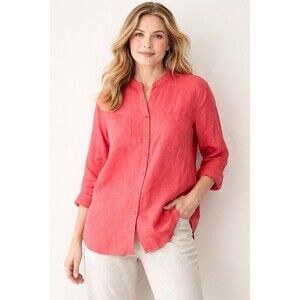 Eileen Fisher 100% Irish Linen Coral Button Front Shirt XL Lightweight Blouse